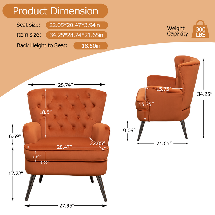 Velvet Button Tufted Accent Chair, Modern Leisure Single Sofa Chair, Oversized Living Room Upholstered Arm Chair, Fabric Club Chair with Metal Legs