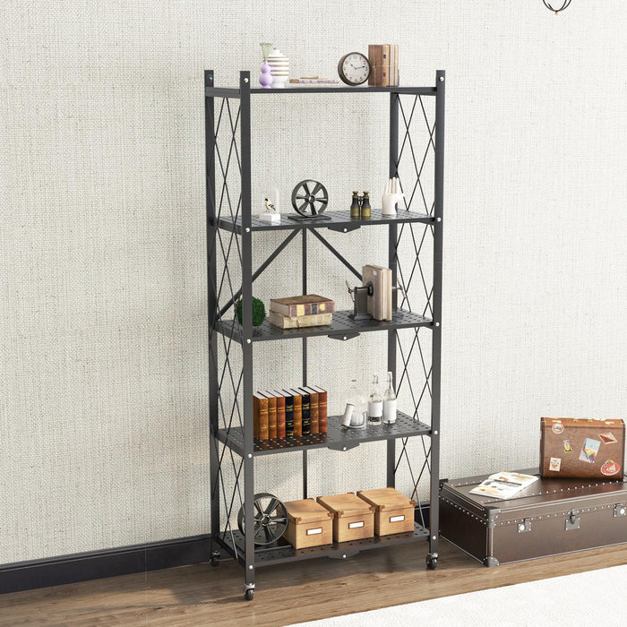 3/4/5-Tier Foldable Shelf, Heavy Duty Metal Rack Storage Shelving Units with Wheels, for Home Office Kitchen Garage,