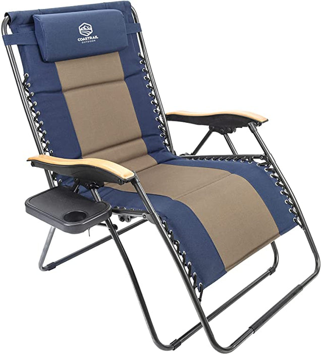 Outdoor Zero Gravity Chair Wood Armrest Padded Comfort Folding Patio Lounge Chair, Blue+Black