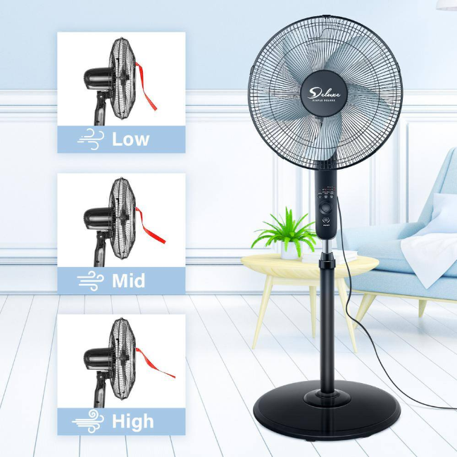 16 Inch Stand Fan, Adjustable Heights, 3 Settings Speeds