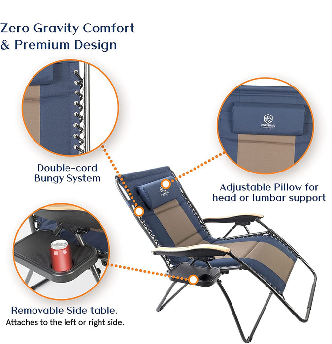 Outdoor Zero Gravity Chair Wood Armrest Padded Comfort Folding Patio Lounge Chair, Blue+Black