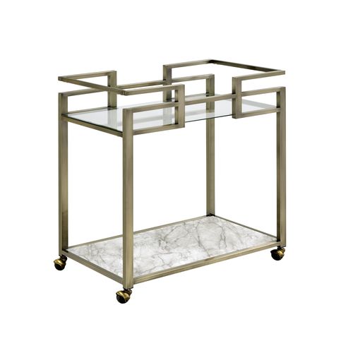 Serving Cart in Clear Glass Faux Marble & Wire Brass Finish