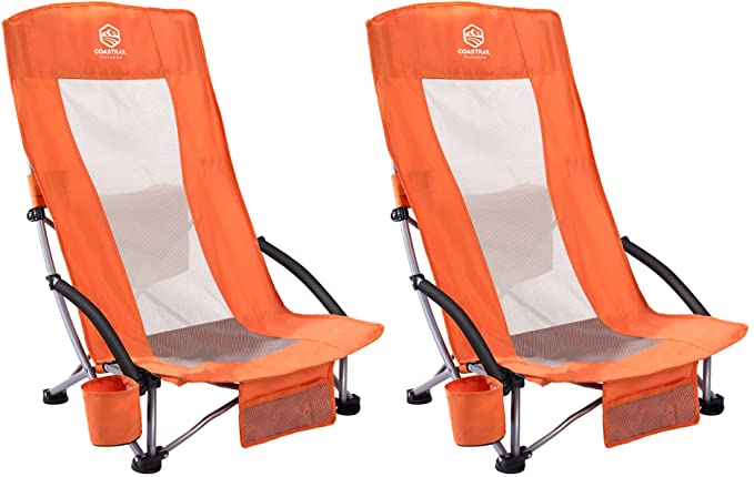 Outdoor Beach Chair High Back Folding Mesh Low Seat Sand Chair, 2 Pack