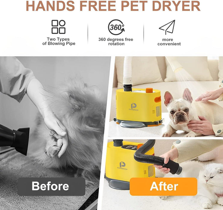 Hands Free pet Grooming Dryer for Cats and Dogs & Easy Drying Tool After Bath LCD Display 2 Soft＆Hard Blowpipe Adjustable Temperature and Speed Quiet