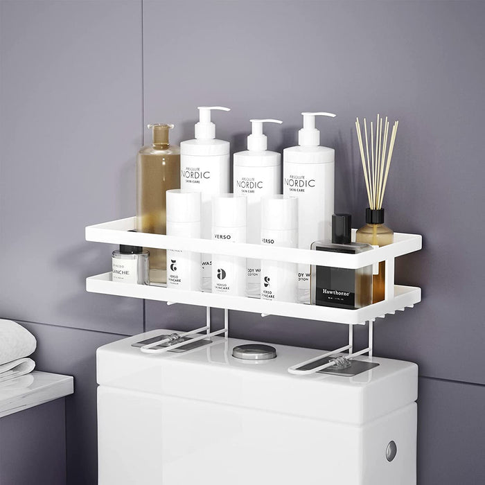 Over The Toilet Storage, Bathroom Organizer Shelves, Multifunctional Toilet Rack with Adhesive Base and Hooks,No Drilling Space Saver with Wall Mounting Design