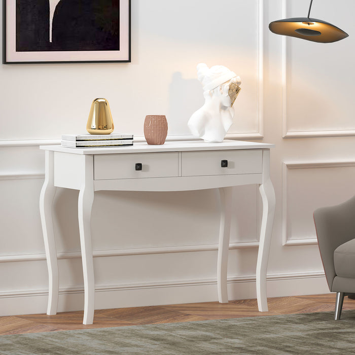 White Console Table with 2 Drawers, Wooden Makeup Desk, Sofa End Side Table for Bedroom, Living Room