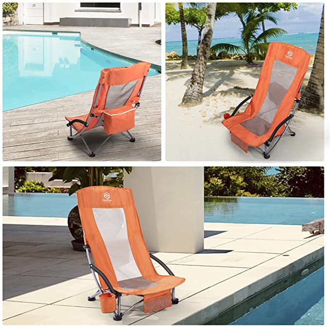 Outdoor Beach Chair High Back Folding Mesh Low Seat Sand Chair, 2 Pack