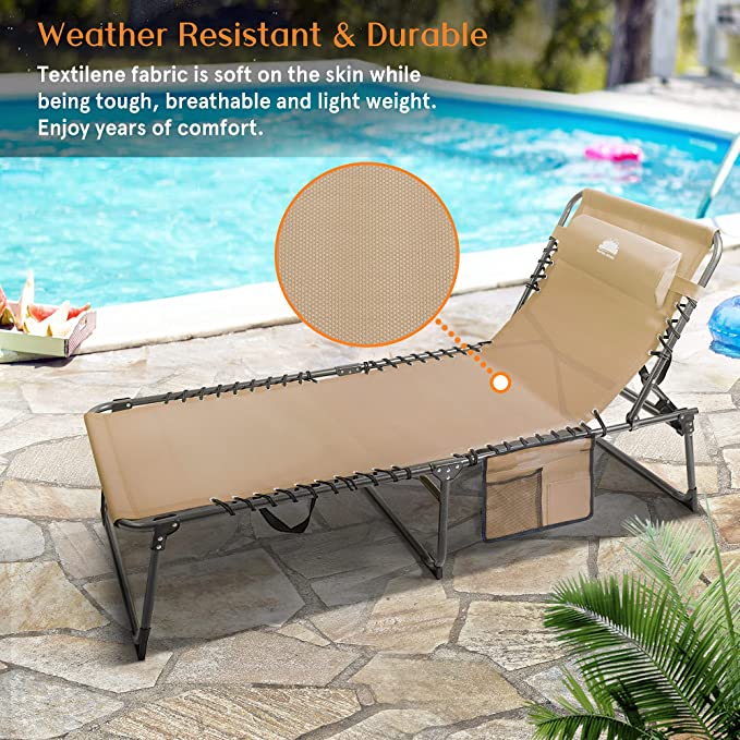 Folding Chaise Lounge Chair Outdoor Foldable Patio Recliner with Pillow & Storage Bag,Beige