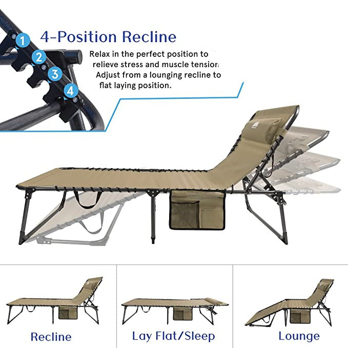 Folding Chaise Lounge Chair Outdoor Foldable Patio Recliner with Pillow & Storage Bag,Beige