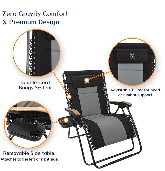 Outdoor Zero Gravity Chair Wood Armrest Padded Comfort Folding Patio Lounge Chair, Blue+Black