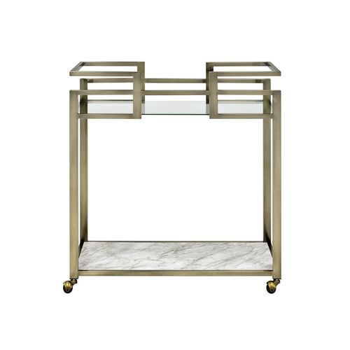 Serving Cart in Clear Glass Faux Marble & Wire Brass Finish