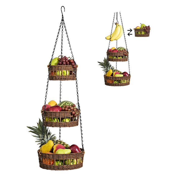 3 Tier Hanging Fruit Basket Wicker Vegetable Storage And Fruit Organizer With Banana Holder