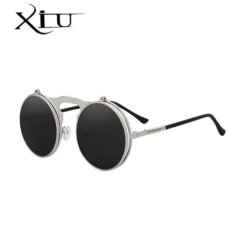 XIU Flip Up Steampunk Sunglasses Men Round Vintage Mens Sunglass Brand Designer Fashion Glasses UV400