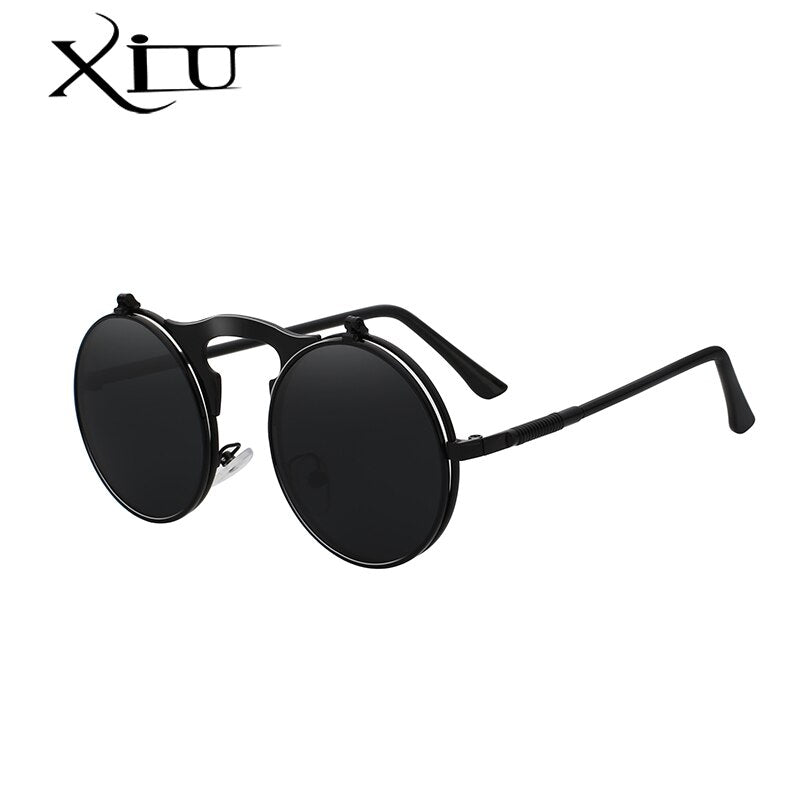 XIU Flip Up Steampunk Sunglasses Men Round Vintage Mens Sunglass Brand Designer Fashion Glasses UV400
