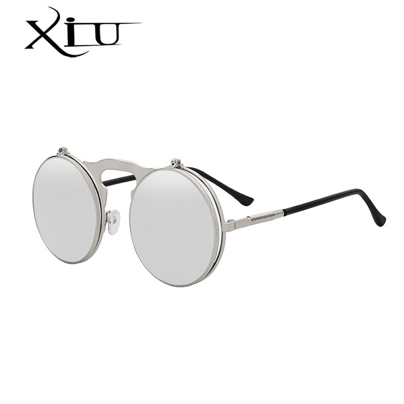 XIU Flip Up Steampunk Sunglasses Men Round Vintage Mens Sunglass Brand Designer Fashion Glasses UV400