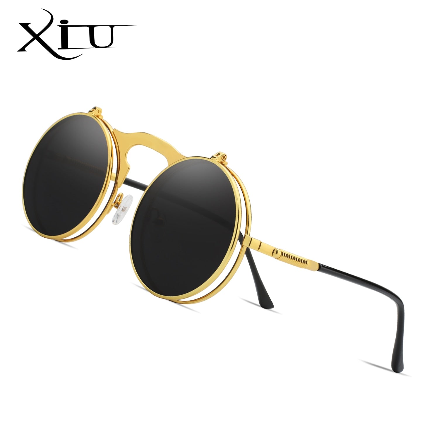 XIU Flip Up Steampunk Sunglasses Men Round Vintage Mens Sunglass Brand Designer Fashion Glasses UV400