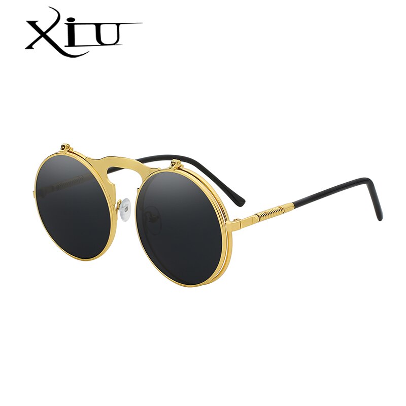 XIU Flip Up Steampunk Sunglasses Men Round Vintage Mens Sunglass Brand Designer Fashion Glasses UV400