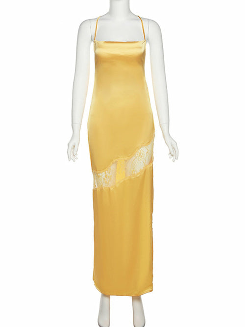 Satin Sleeveless Lace Bodycon Midi Dress