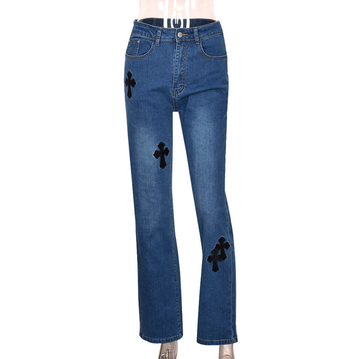 Cross Printed Baggy Jeans  Low Waist Straight Denim Trousers