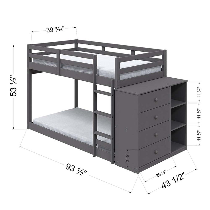 Twin/Twin Bunk Bed w/Cabinet, Gray Finish