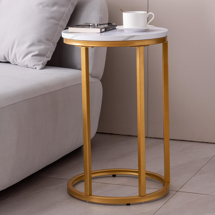 Modern C-shaped end/side table,Golden metal frame with round marble color top-15.75”