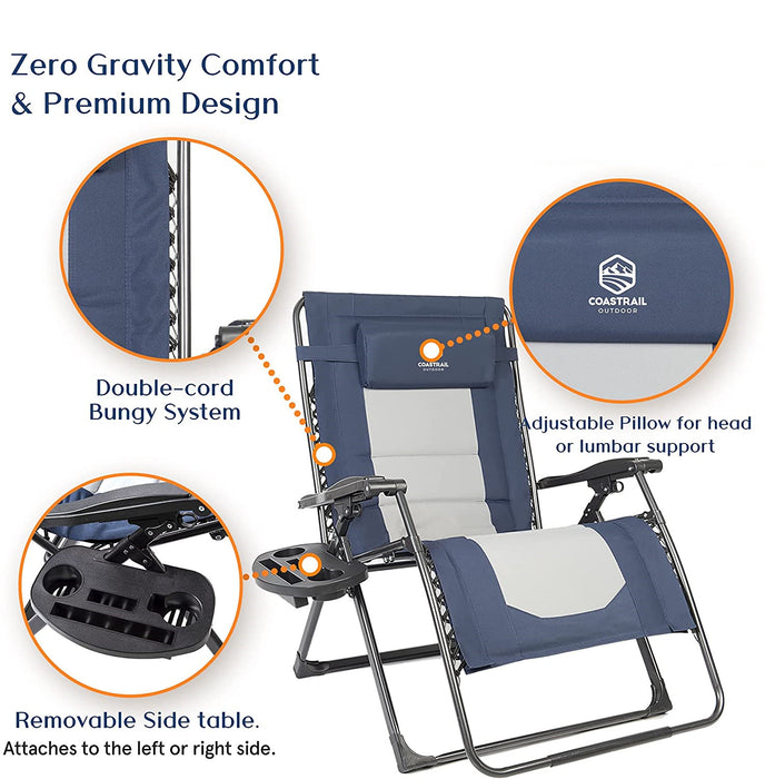 Outdoor Zero Gravity Chair Wood Armrest Padded Comfort Folding Patio Lounge Chair, Blue+Black