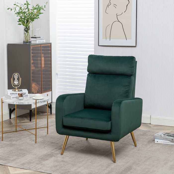 Velvet Accent Chair, Modern Upholstered Accent Living Room Arm Chair with High Wingback, Mid Century Comfy Armchair High Back Rest, Padded Armrest Metal Leg for Bedroom Apartment Office