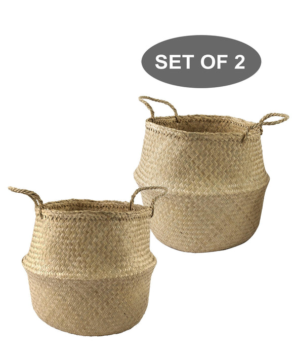 Large Belly Baskets with Handles (Set 2)| Woven Baskets for Laundry Storage & Home Supplies