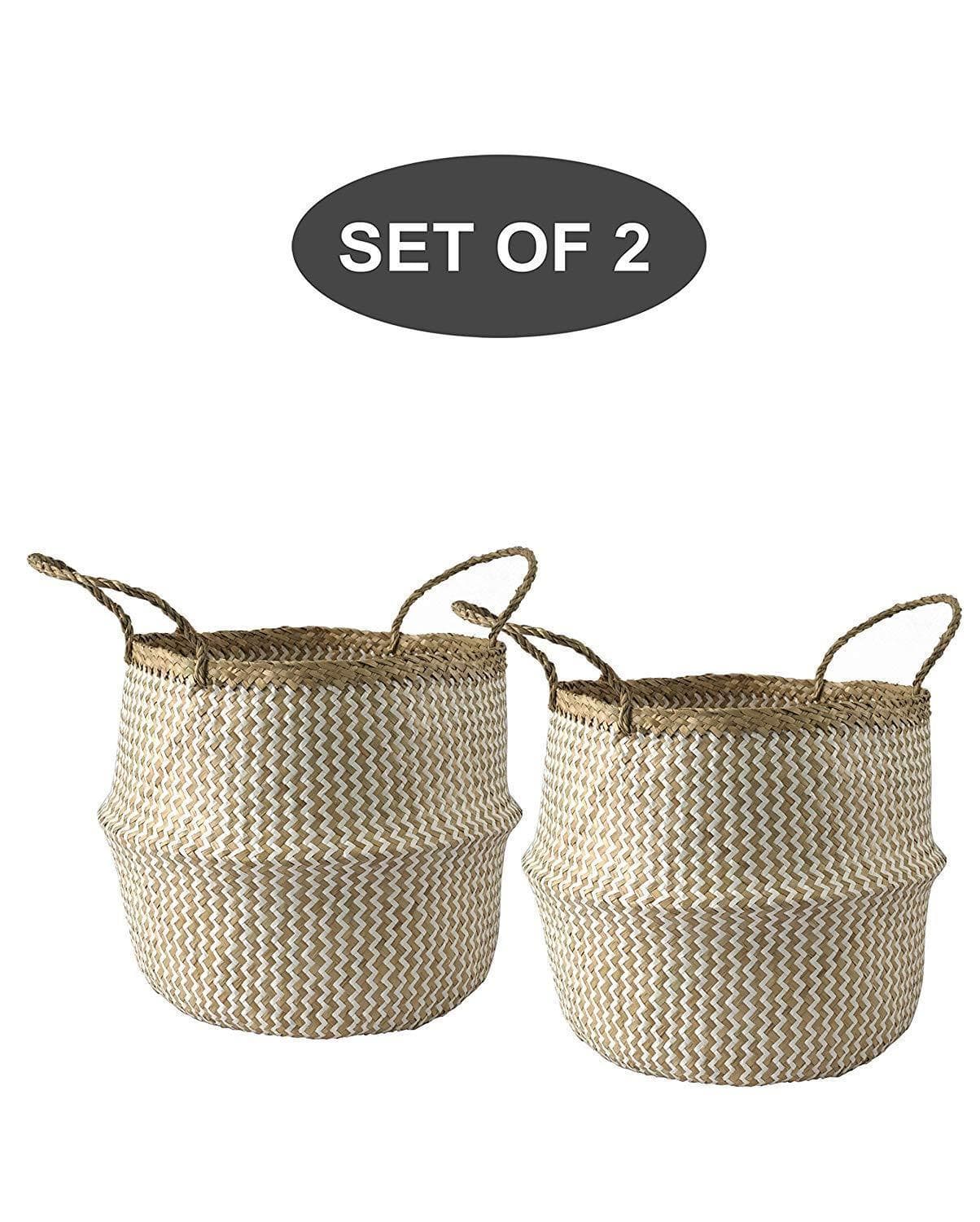 Large Belly Baskets with Handles (Set 2)| Woven Baskets for Laundry Storage & Home Supplies