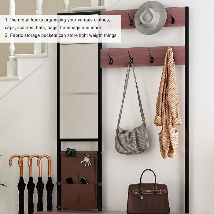 Coat Rack with Shoe Storage Bench, Mirrors,Hooks,Umbrella Rack,Storage Bag,Cherry