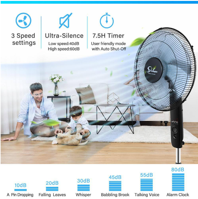 16 Inch Stand Fan, Adjustable Heights, 3 Settings Speeds