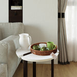 Set 2 Pack Round Rattan Wicker Tray with Mother of Pearl Inlay Wooden Base and Insert Handle for Home Decor and Display