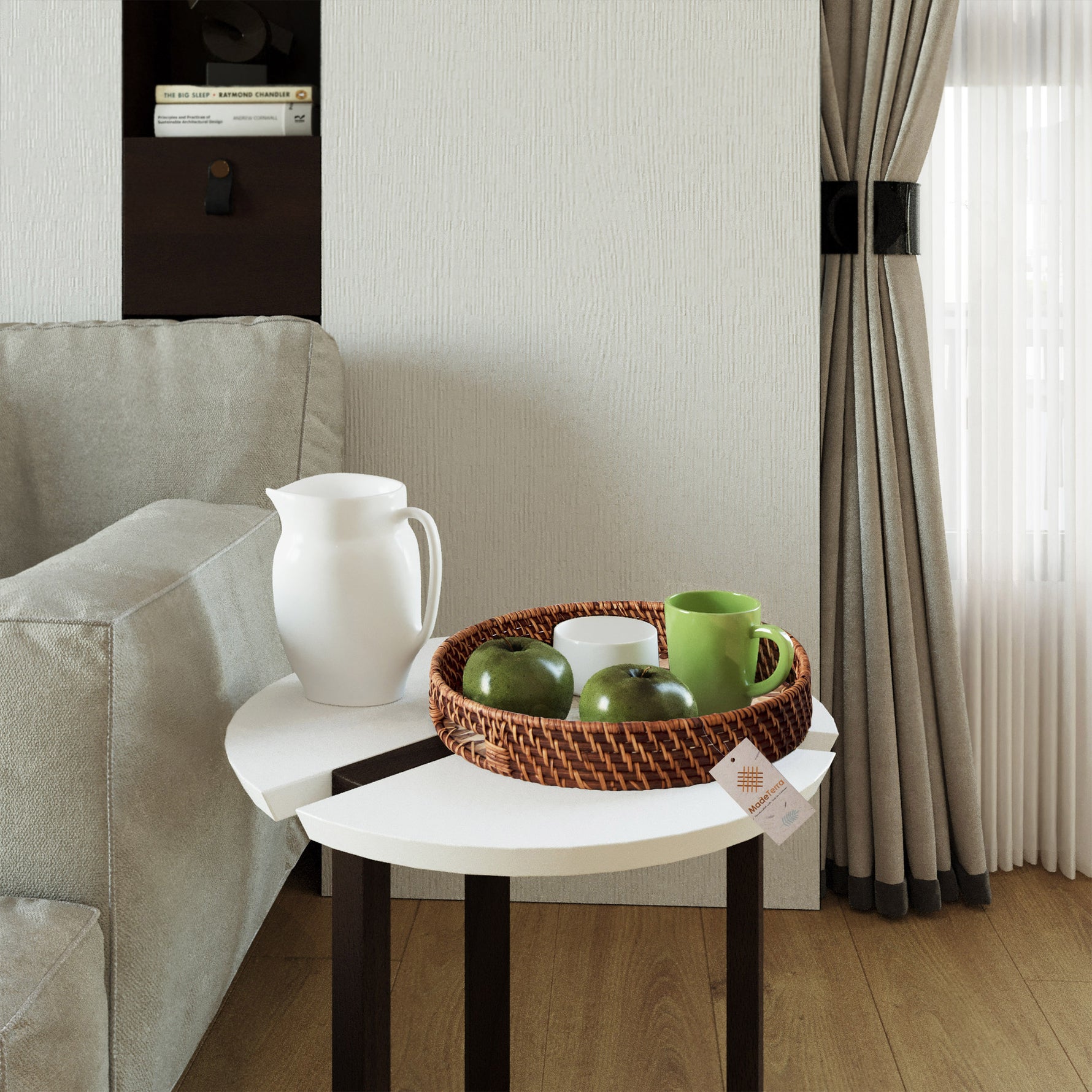 Set 2 Pack Round Rattan Wicker Tray with Mother of Pearl Inlay Wooden Base and Insert Handle for Home Decor and Display