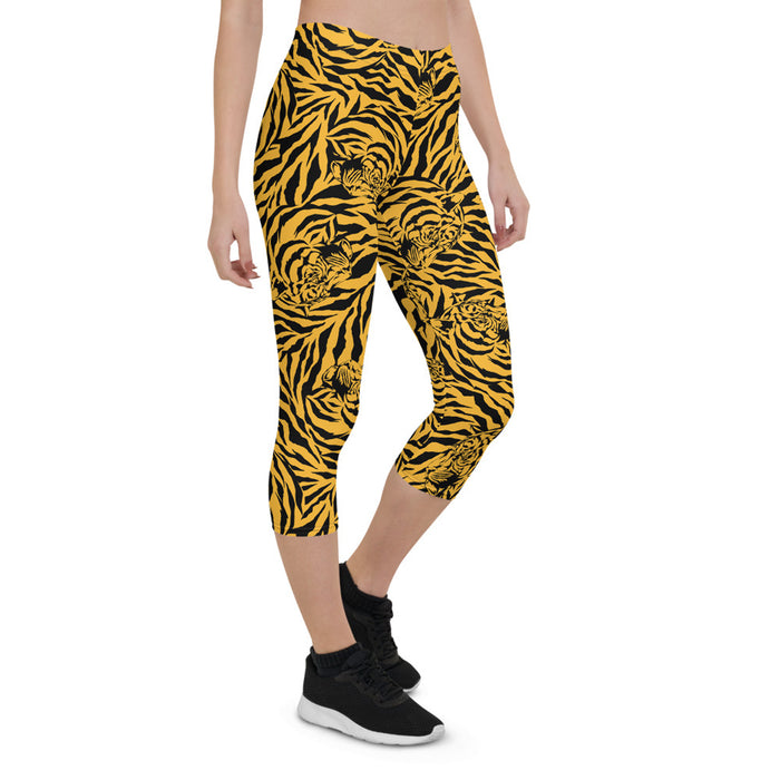 Yellow Tiger Capri Leggings for Women