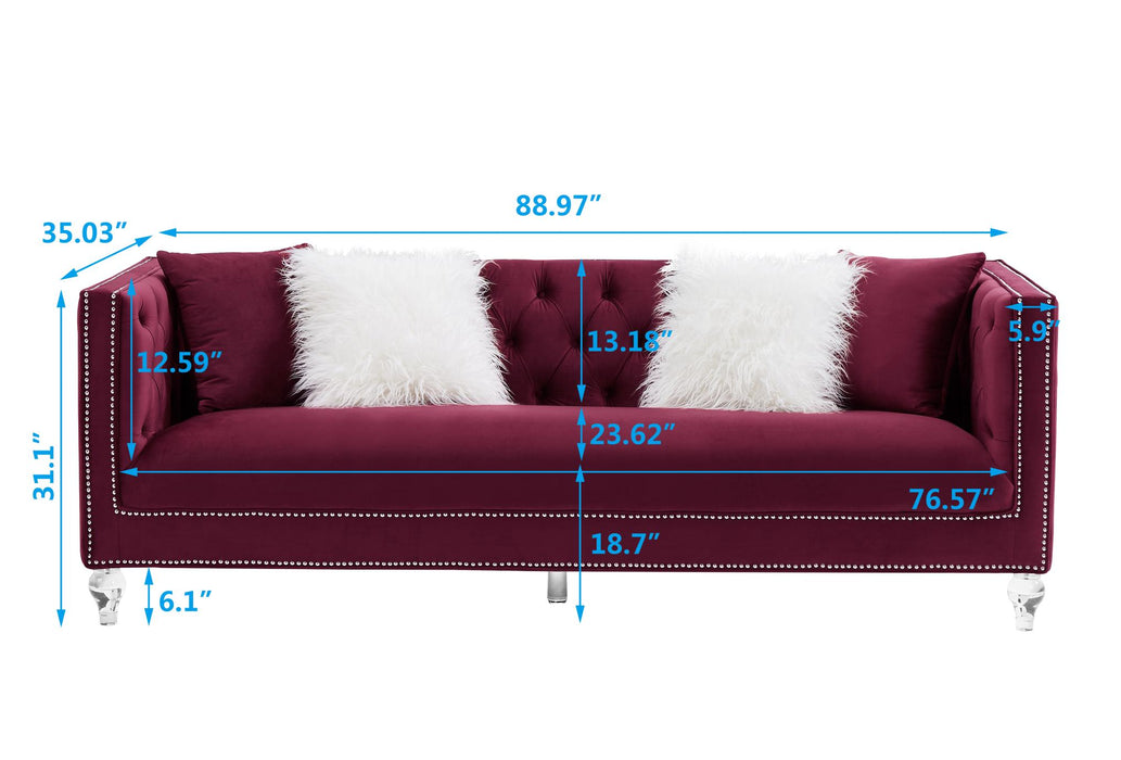 Red Velvet Sofa for Living Room with Pillows