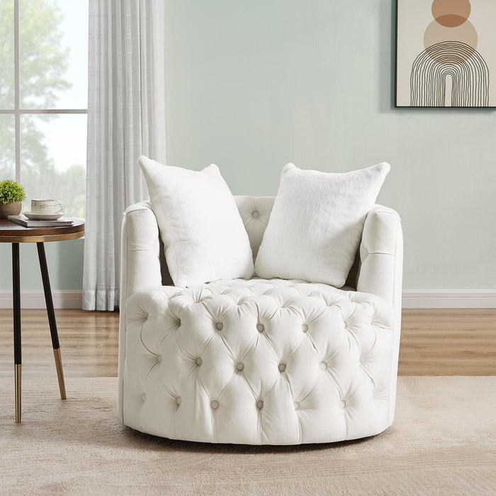 Modern Swivel Barrel Chair with 360° Swivel Base and 2 Pillows, Velvet Fabric Shell Chair Back, Suitable for All Environments