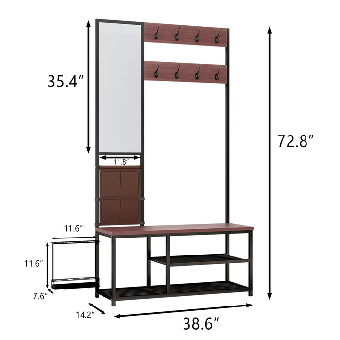 Coat Rack with Shoe Storage Bench, Mirrors,Hooks,Umbrella Rack,Storage Bag,Cherry