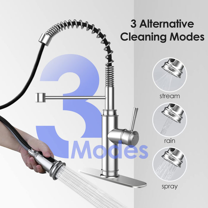 Spring Kitchen Sink Faucet with 3 Modes Pull Down Sprayer