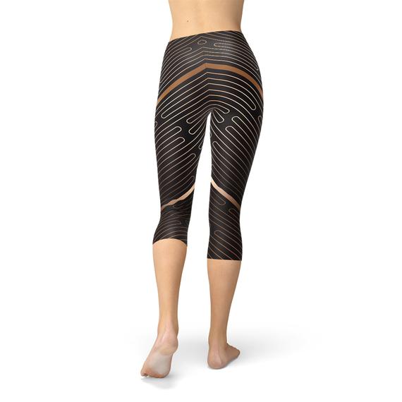 Womens Striped Lines Sports Brown Capri Leggings