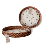 Set 2 Pack Round Rattan Wicker Tray with Mother of Pearl Inlay Wooden Base and Insert Handle for Home Decor and Display