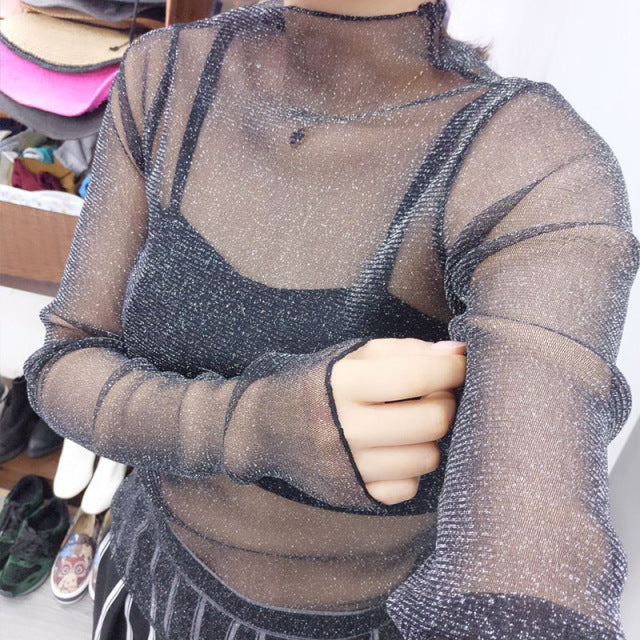 Sexy Mesh Transparent Blouses Tops Clothing Unlined Upper Garment Long Sleeve Net Build Korean Fashion Jacket ds50