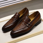 Luxury Mens Dress Shoes Crocodile Print Brown Genuine Leather Double Buckles Business Office Formal Slip On Shoes Men's Loafers