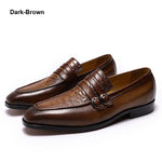 Luxury Mens Dress Shoes Crocodile Print Brown Genuine Leather Double Buckles Business Office Formal Slip On Shoes Men's Loafers
