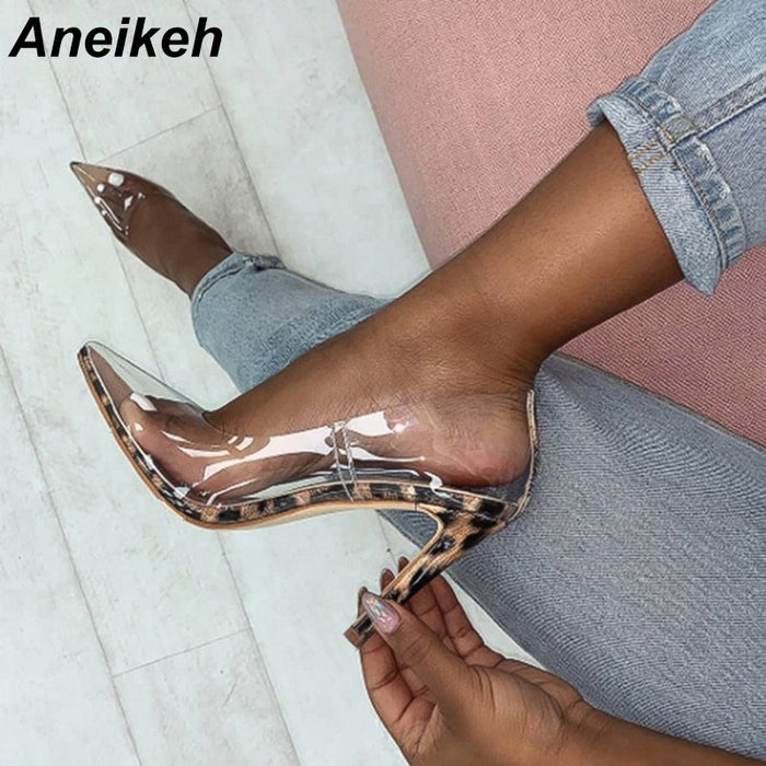 Aneikeh Women PVC Clear Transparent Pumps Sandals Perspex Heel Stilettos High Heels Point Toes Shoes Ladies Party Dress Shoes