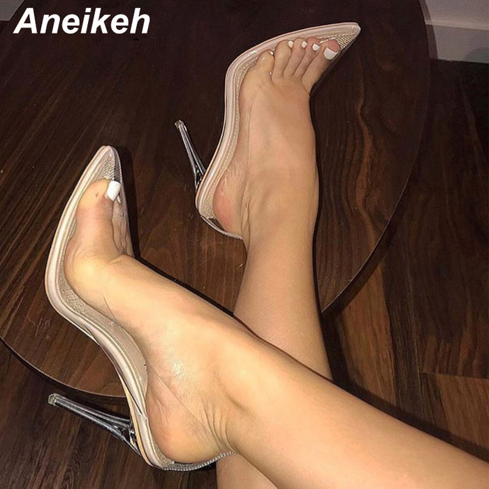 Aneikeh Women PVC Clear Transparent Pumps Sandals Perspex Heel Stilettos High Heels Point Toes Shoes Ladies Party Dress Shoes