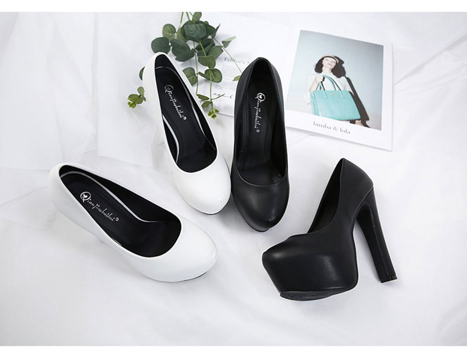 NIUFUNI Ladies High Heels Platform Pumps PU Black White Women Shoes Platform High Heels Shoes Thick Heels Work Pumps Dress Shoes