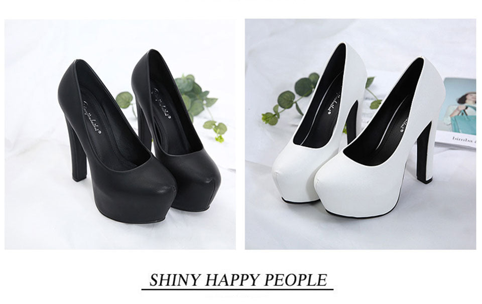 NIUFUNI Ladies High Heels Platform Pumps PU Black White Women Shoes Platform High Heels Shoes Thick Heels Work Pumps Dress Shoes