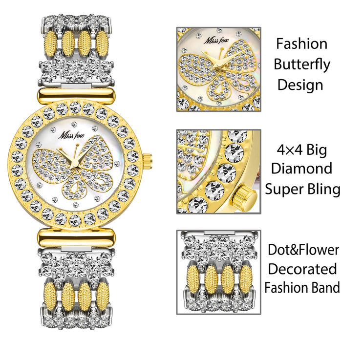 MISSFOX Butterfly Women Watches Luxury Brand Big Diamond 18K Gold Watch Waterproof Special Bracelet Expensive Ladies Wrist Watch