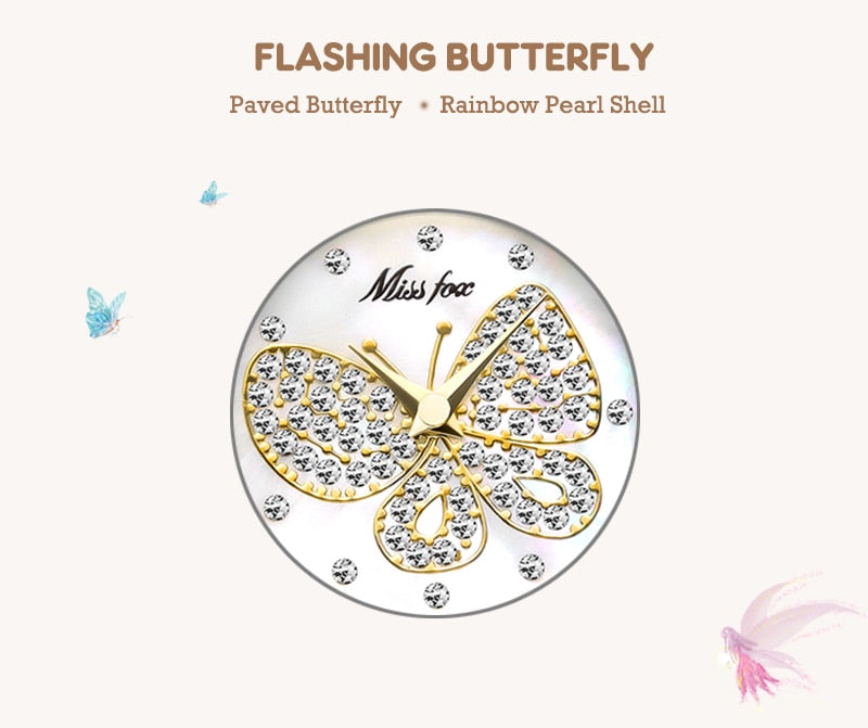 MISSFOX Butterfly Women Watches Luxury Brand Big Diamond 18K Gold Watch Waterproof Special Bracelet Expensive Ladies Wrist Watch