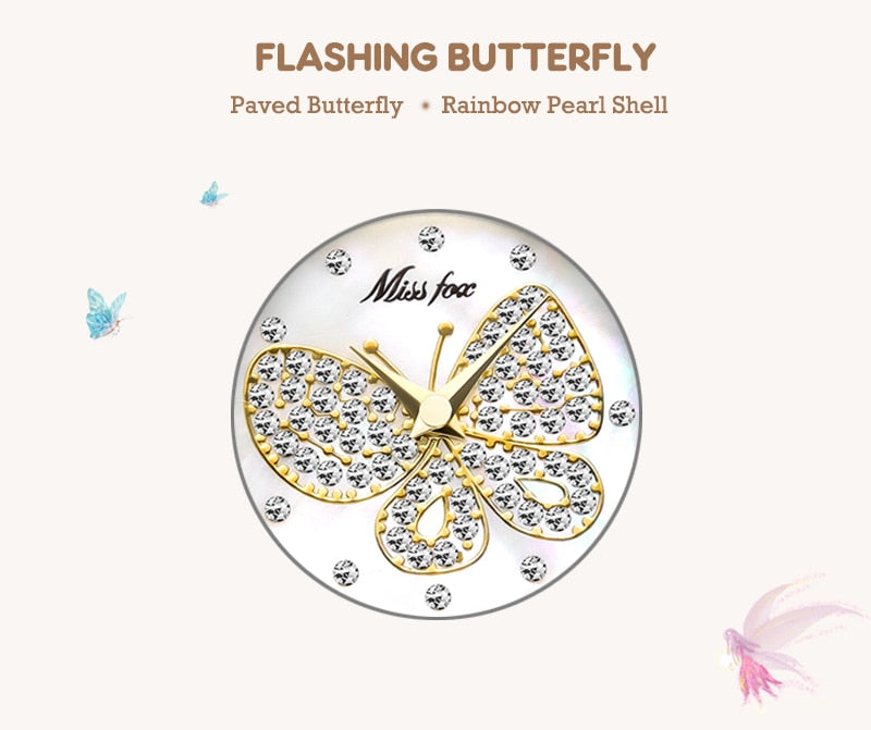 MISSFOX Butterfly Women Watches Luxury Brand Big Diamond 18K Gold Watch Waterproof Special Bracelet Expensive Ladies Wrist Watch